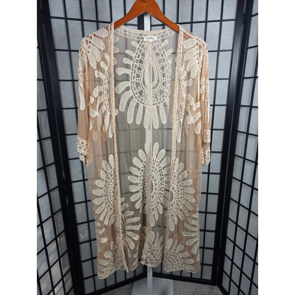 Rebellion Vintage Inspired Boho Embroidered Sheer Mesh Midi Kimono  Large